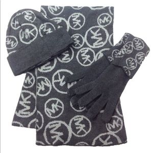 Michael Kors Women's Circle Logo Knit Scarf, Hat & Gloves 3 Piece Set, Grey